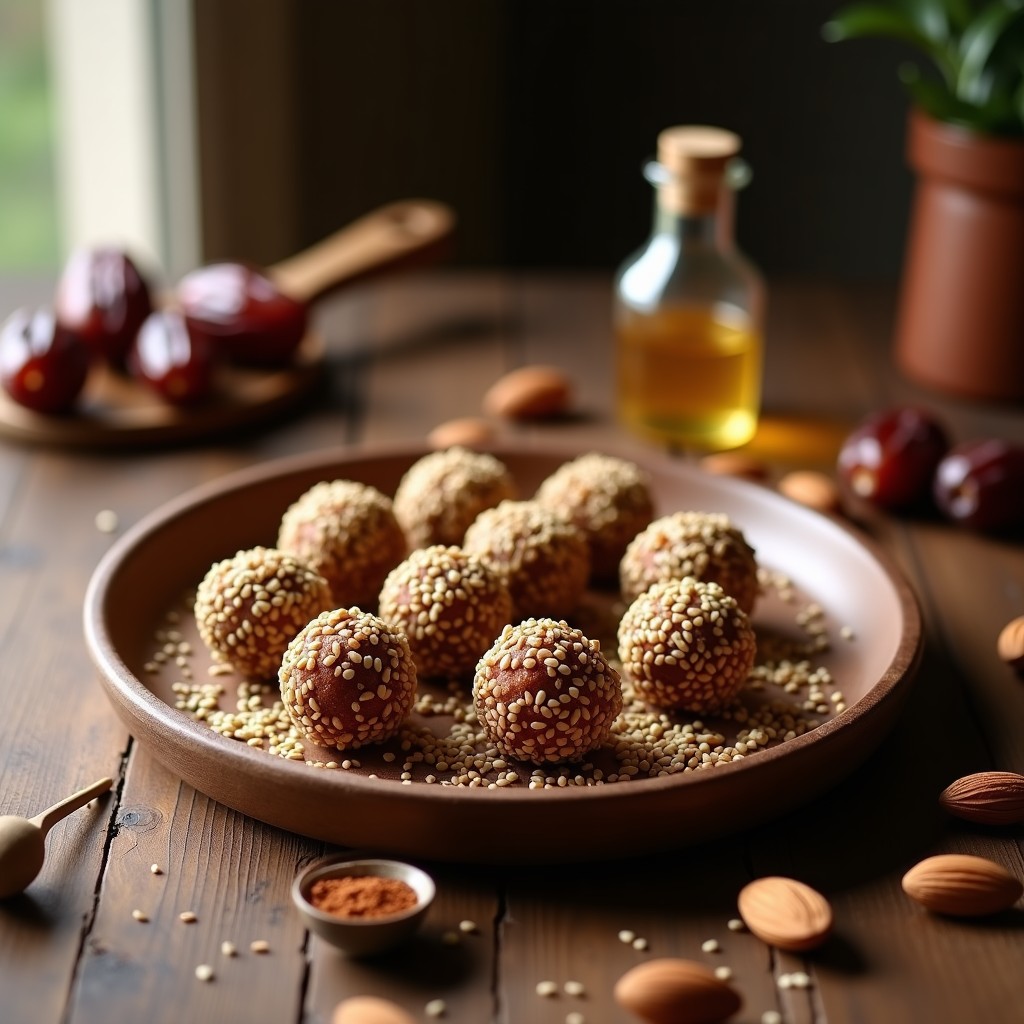 Bolas de dátiles doradas rellenas de pasta de almendra y café, cubiertas de cacao en polvo, dispuestas en un plato de cerámica árabe con detalles geométricos, acompañadas de granos de café y almendras tostadas.