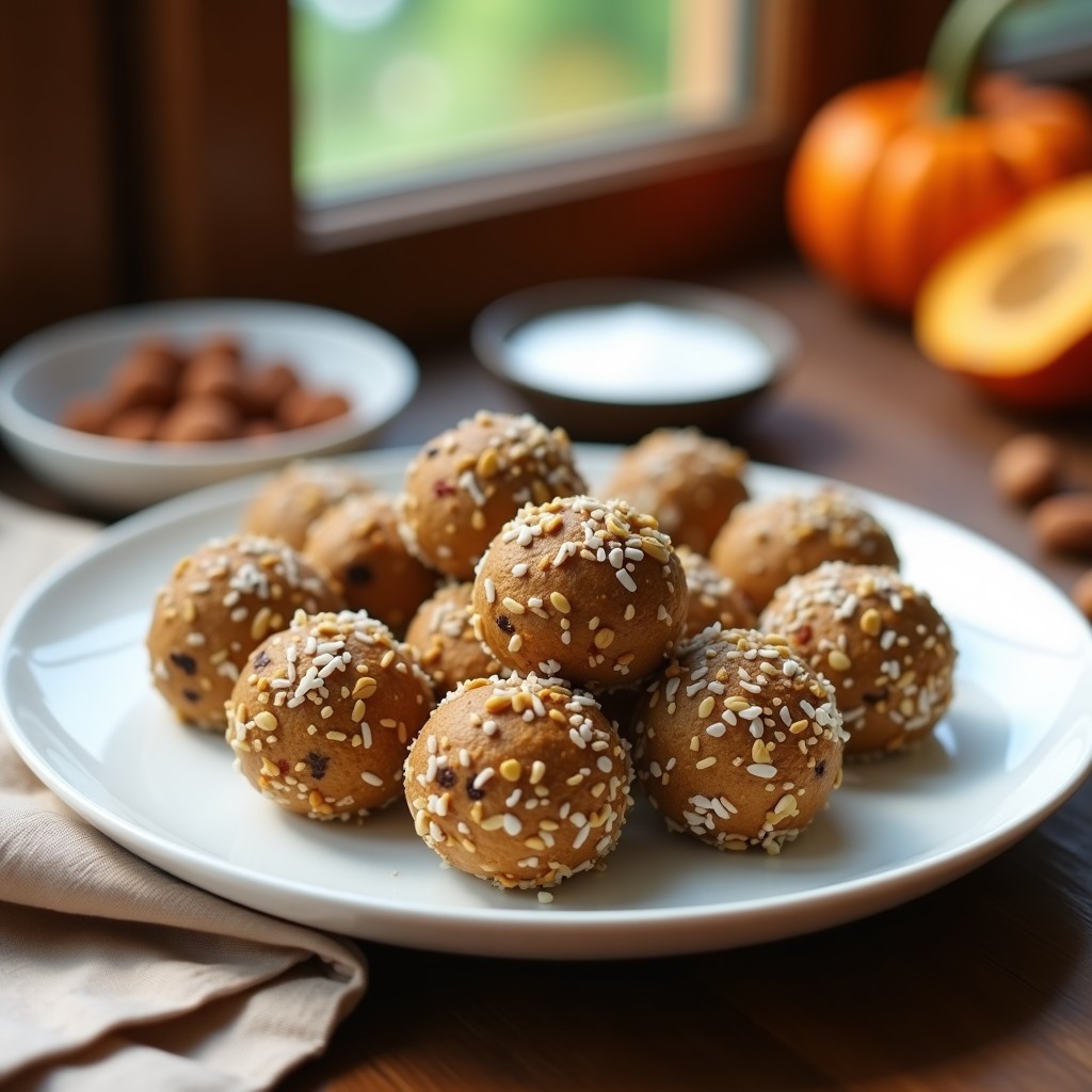 Bolas de dátiles y semillas de calabaza dispuestas en un plato de madera oscura, con textura crujiente por fuera y acabado dorado. Alrededor, semillas de calabaza y coco rallado espolvoreados, snack energético sin gluten y sin azúcar.