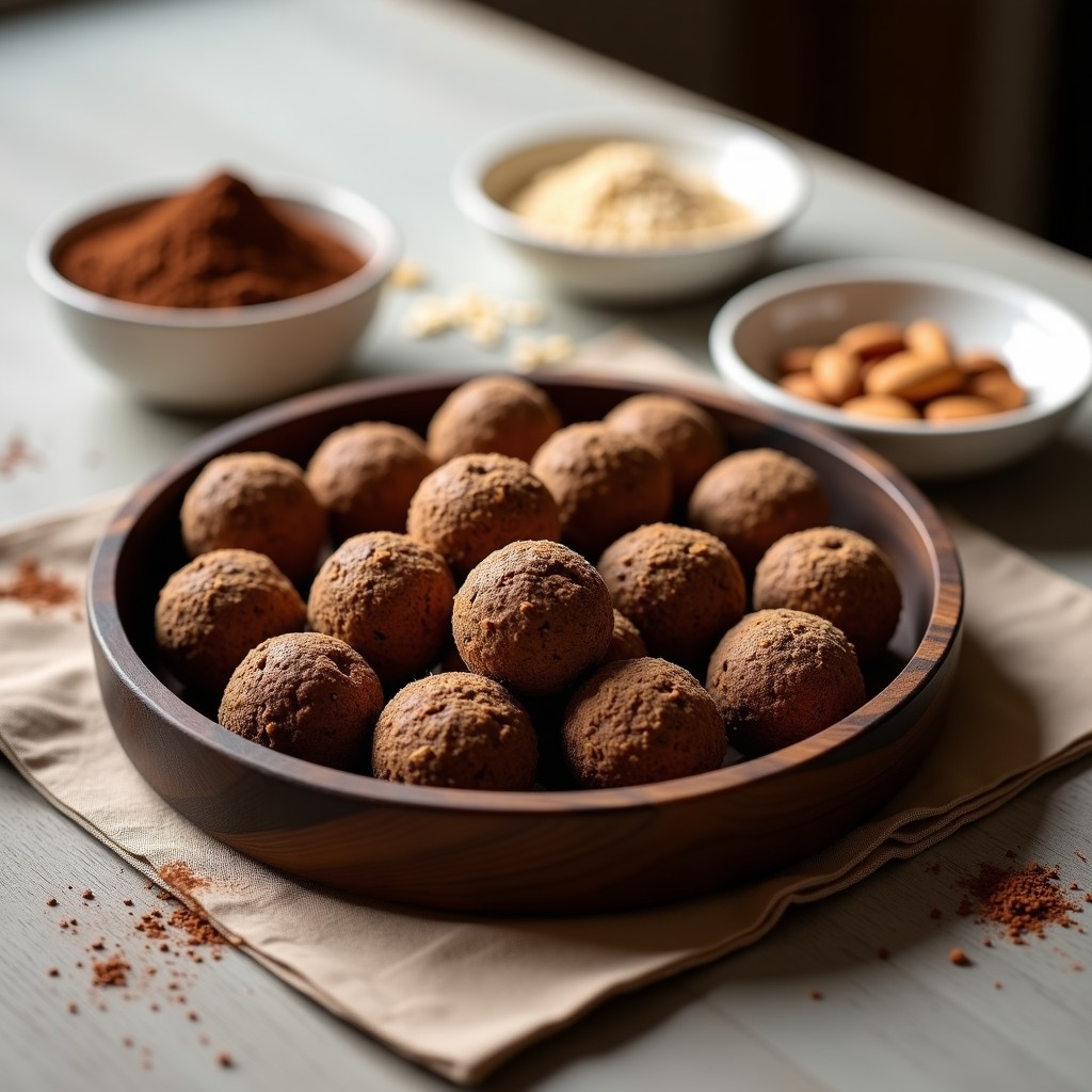 Bolas de energía de cacao, avena y semillas de lino dispuestas en una bandeja de madera oscura, con textura compacta y superficie ligeramente rugosa por las semillas. Alrededor, ingredientes como cacao en polvo, lino dorado y copos de avena en pequeños cuencos de cerámica. Luz natural suave que resalta el color marrón intenso del cacao y el dorado del lino.