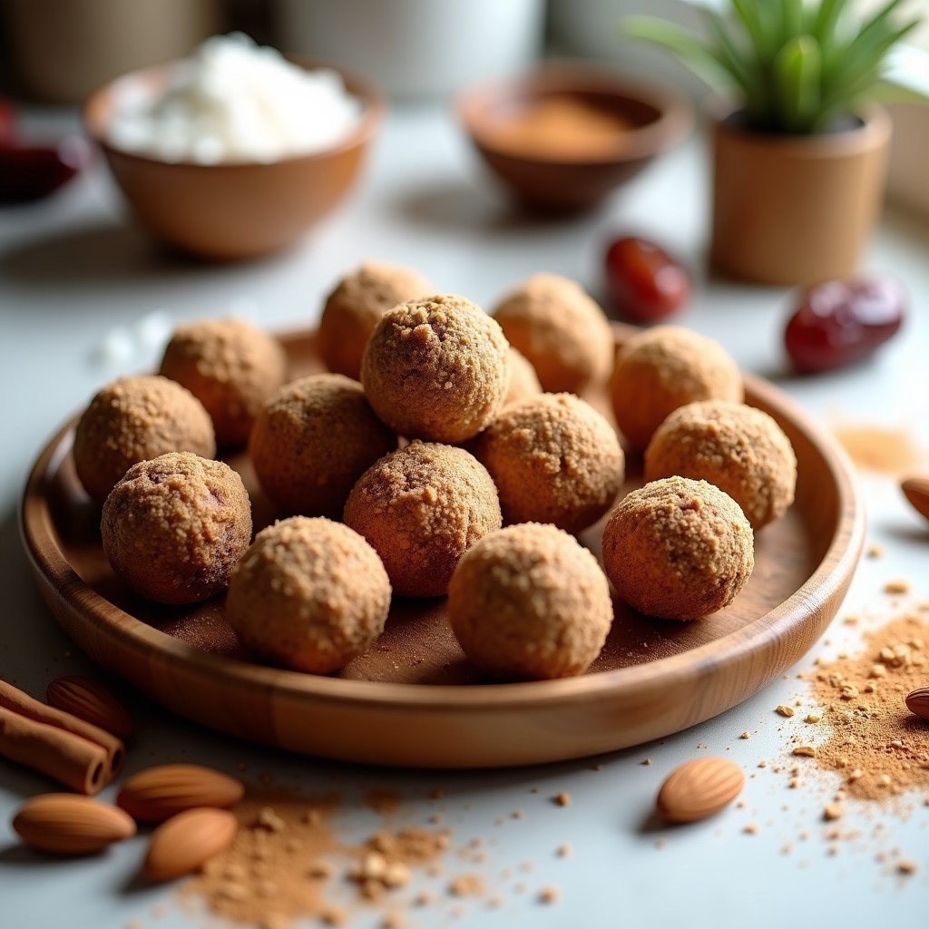 Bolas de energía de dátiles y almendras con canela dispuestas en un plato de madera rústico, espolvoreadas con coco rallado y canela en polvo, sobre un fondo claro con ingredientes dispersos como almendras enteras y dátiles.