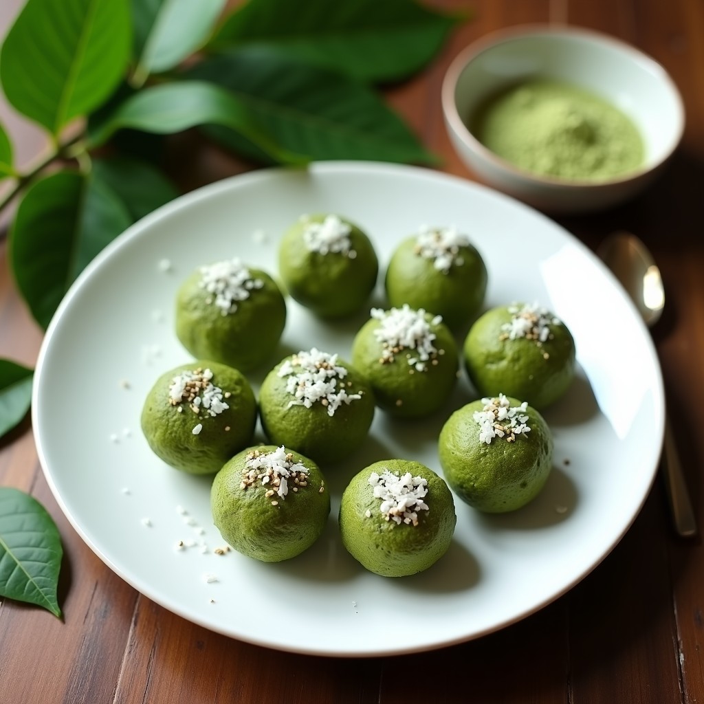 Bolas de energía de matcha y semillas de chía dispuestas en un plato blanco de cerámica, con un fondo de hojas verdes y coco rallado espolvoreado. Snack keto sin azúcar de color verde vibrante y textura rugosa.