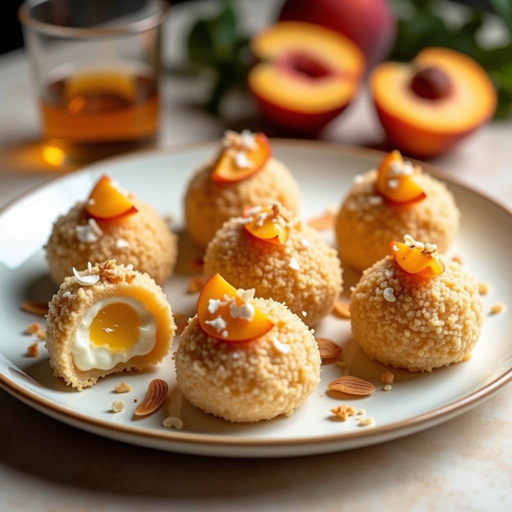Bolas de postre sin horno con cobertura de galleta triturada y almendras fileteadas, rellenas de crema de queso mascarpone y melocotón, decoradas con rodaja de melocotón y hilo de miel, sobre plato blanco con fondo borroso.