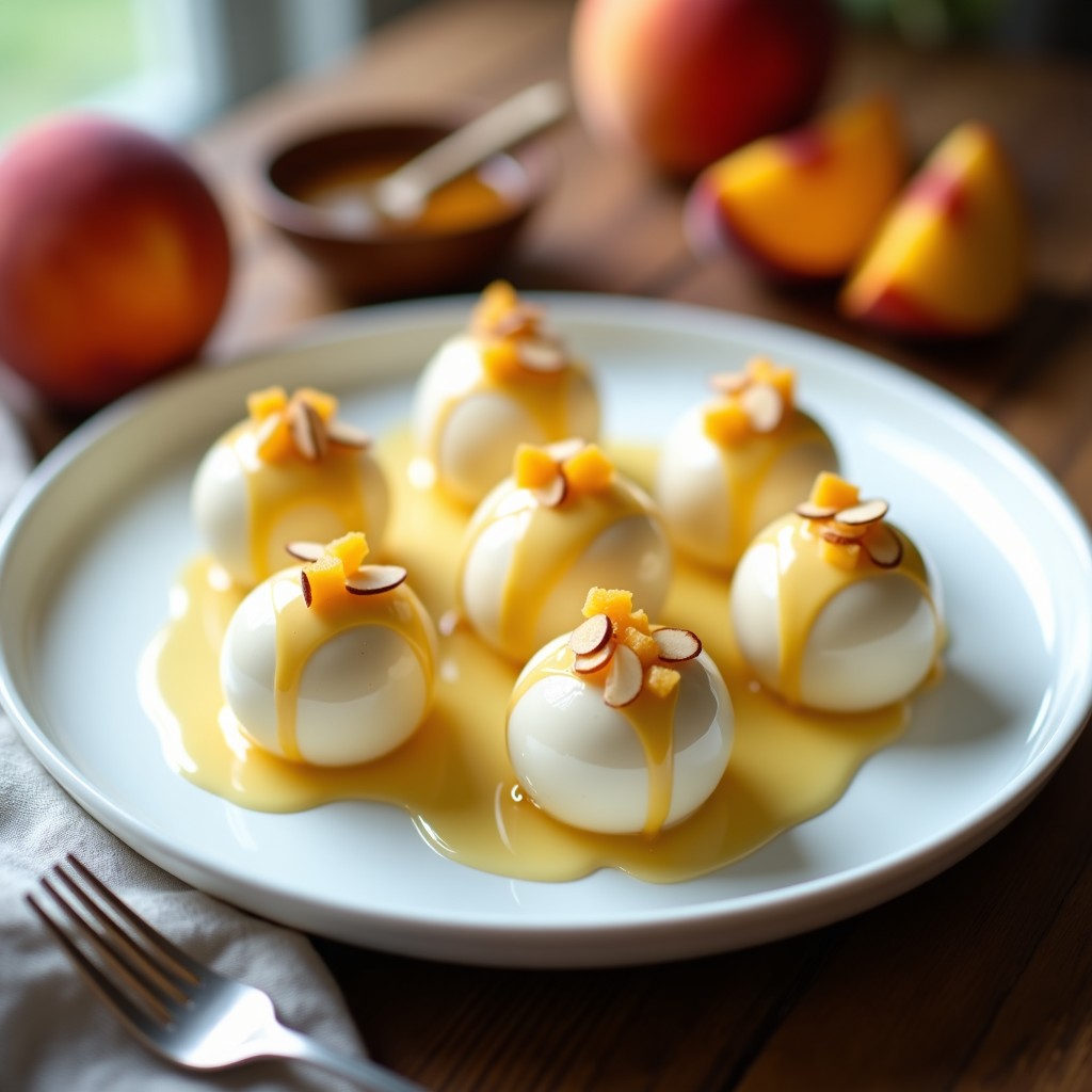 Bolas de queso ricotta y melocotón dispuestas en un plato blanco, cubiertas con almendras fileteadas y miel, con trozos de melocotón fresco como decoración, postre italiano sin horno.