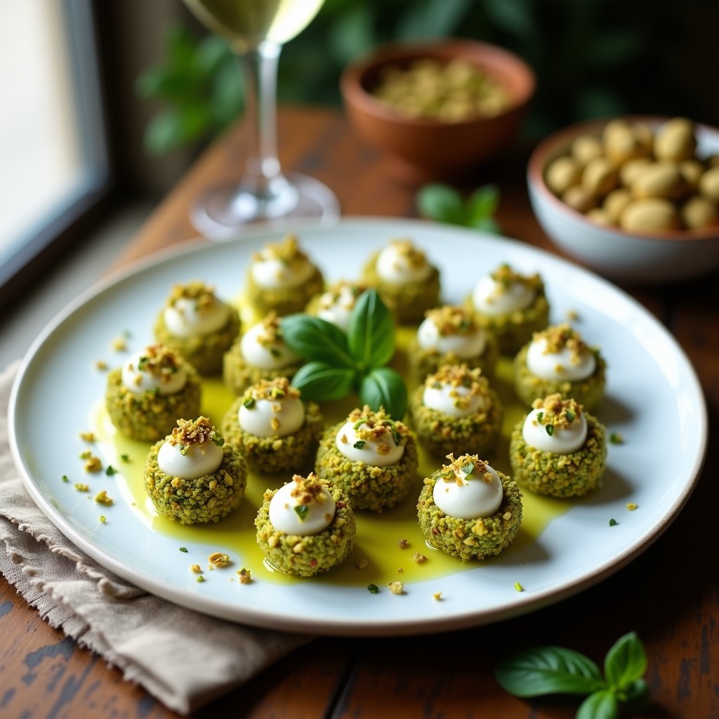 Bolas de queso de búfala y pistacho dispuestas en bandeja de madera rústica, cubiertas de pistachos triturados, con perejil fresco y cáscara de limón rallada como decoración. Aperitivo italiano sin cocción.