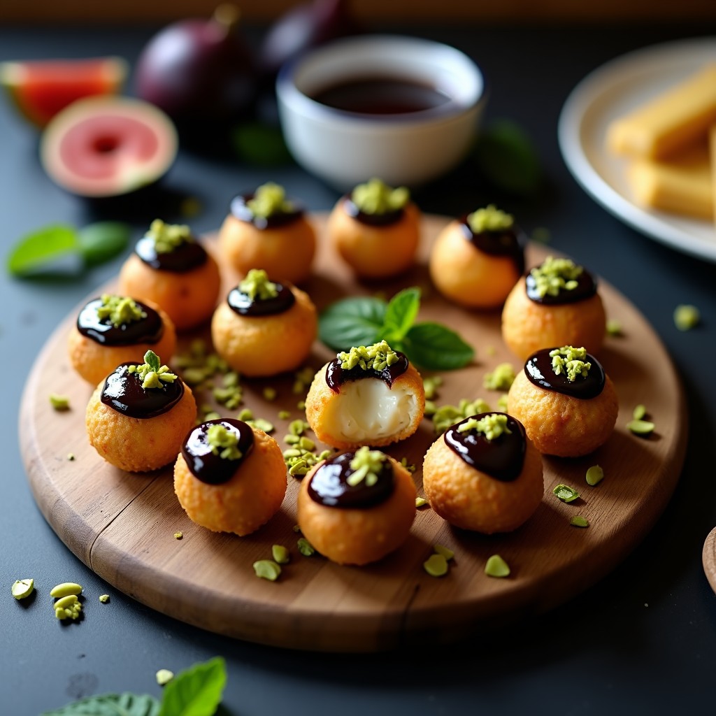 Bolas de queso de cabra y pistacho con cobertura brillante de mermelada de higo negro, decoradas con hojas de menta fresca sobre una tabla de madera rústica. Tapa española gourmet elegante y sofisticada.