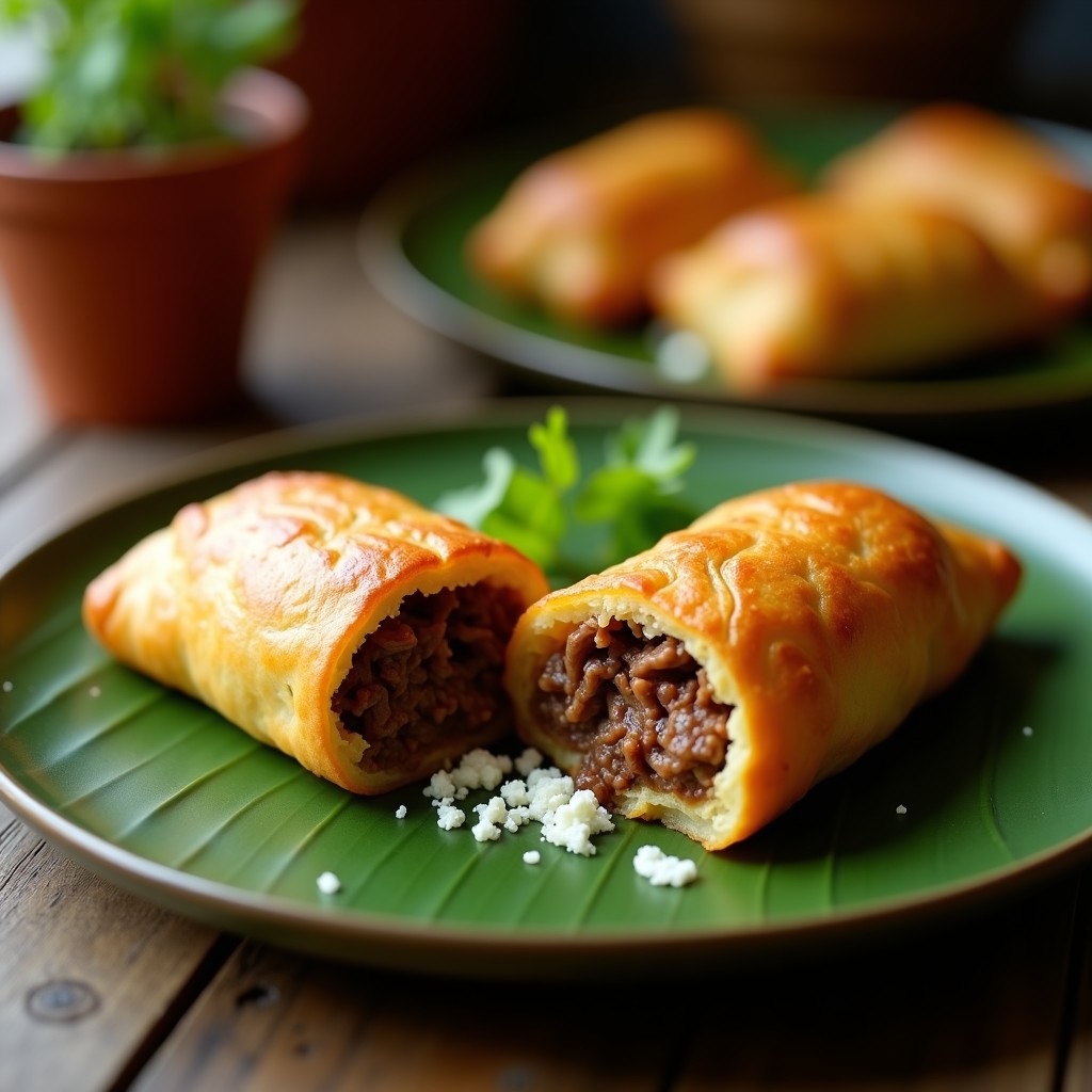 Boli de yuca dorado recién horneado, envuelto parcialmente en hoja de bijao, con relleno visible de carne mechada de res jugosa y especiada, sobre mesa de madera rústica con cilantro fresco.