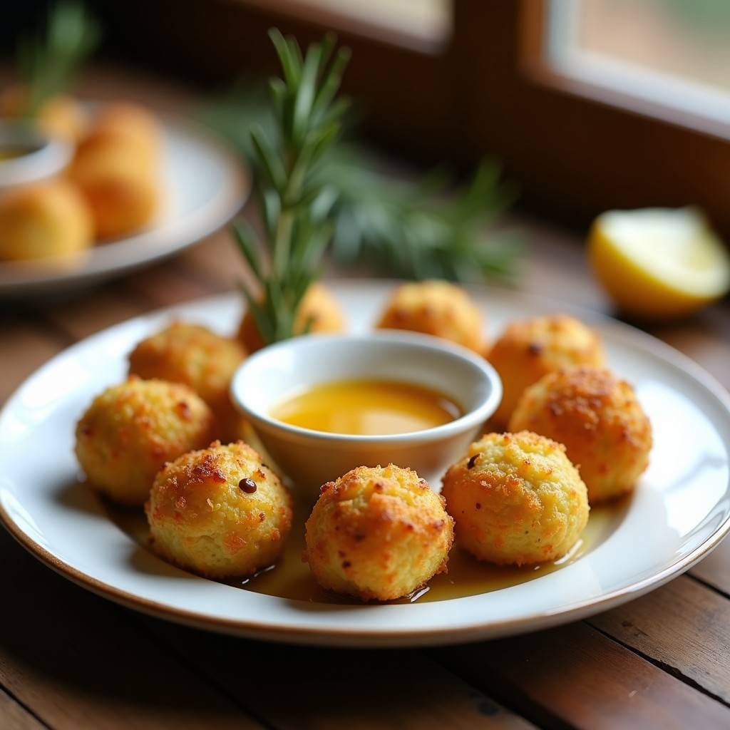 Plato blanco con bolitas doradas y crujientes de alcachofa y queso de cabra, servidas con salsa cremosa de romero en un bol pequeño. Fondo rústico con hierbas frescas y luz natural.