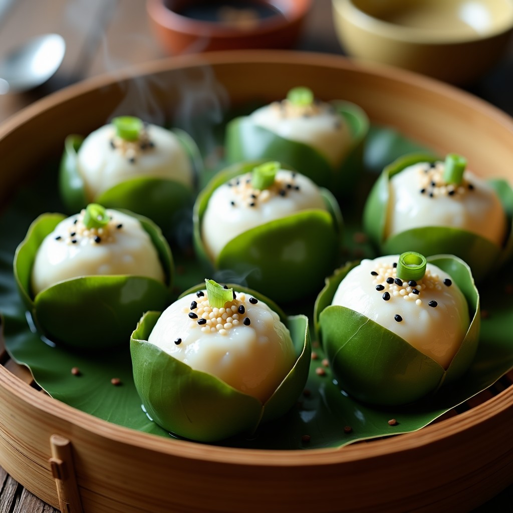 Bolitas de arroz glutinoso envueltas en hojas de loto verdes, rellenas de cerdo al vapor, servidas en una vaporera de bambú con semillas de sésamo negro y cebollino picado como decoración, receta china tradicional sin aceite.