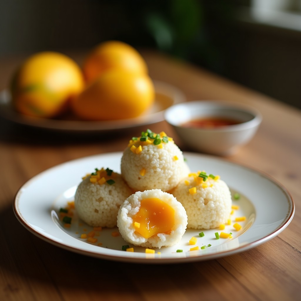 Bolitas de arroz glutinoso rellenas de mango y coco, postre filipino sin horno, cubiertas de coco rallado y servidas en un plato blanco con hojas de menta.