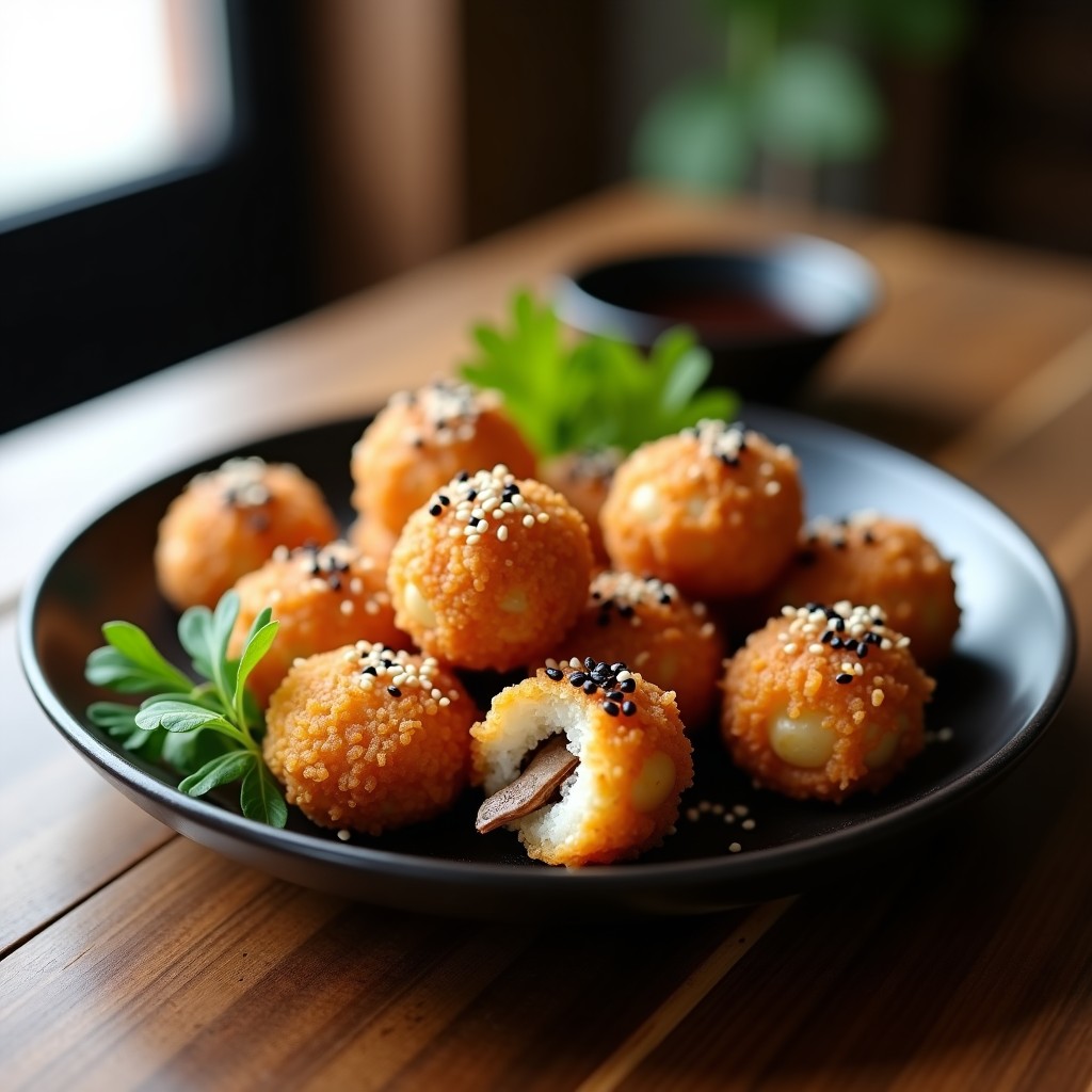 Bolitas de arroz doradas y crujientes rellenas de hongos shiitake, con semillas de ajonjolí blanco y negro por encima, servidas en un plato de cerámica negra con fondo de madera rústica. Receta japonesa en airfryer.