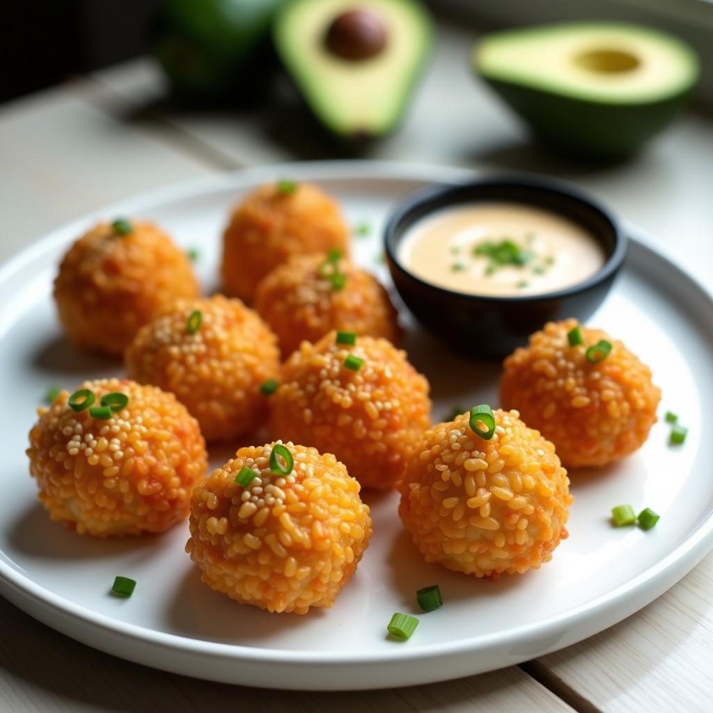 Plato blanco con bolitas doradas y crujientes de arroz rellenas de salmón y aguacate, servidas con una salsa espesa de sésamo en un bol pequeño. Decoración con semillas de sésamo y cebollino fresco, fondo con textura de madera clara.