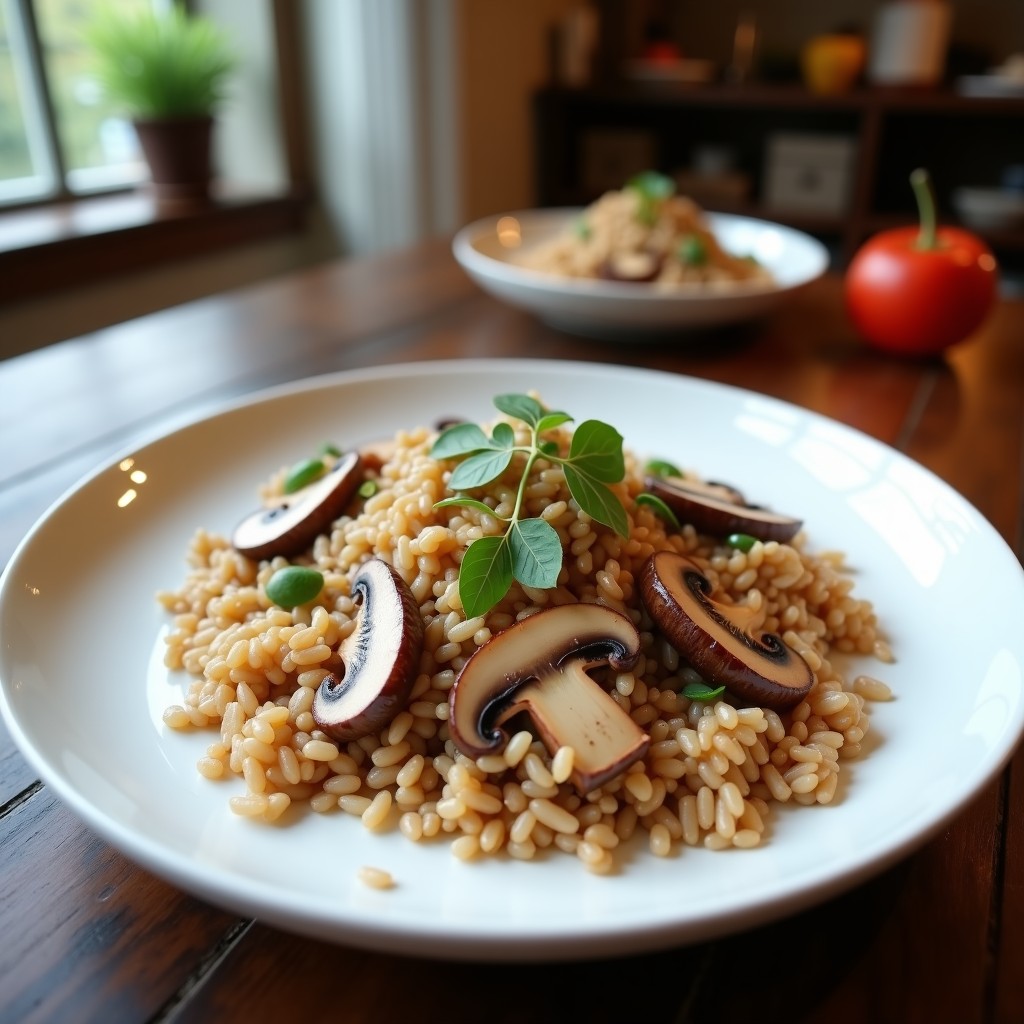 Bolitas doradas y crujientes de arroz salvaje y champiñones shiitake, servidas en un plato de cerámica negra con salsa de soja y jengibre, decoradas con semillas de sésamo negro y alga nori. Aperitivo japonés en airfryer, vegano y sin gluten.
