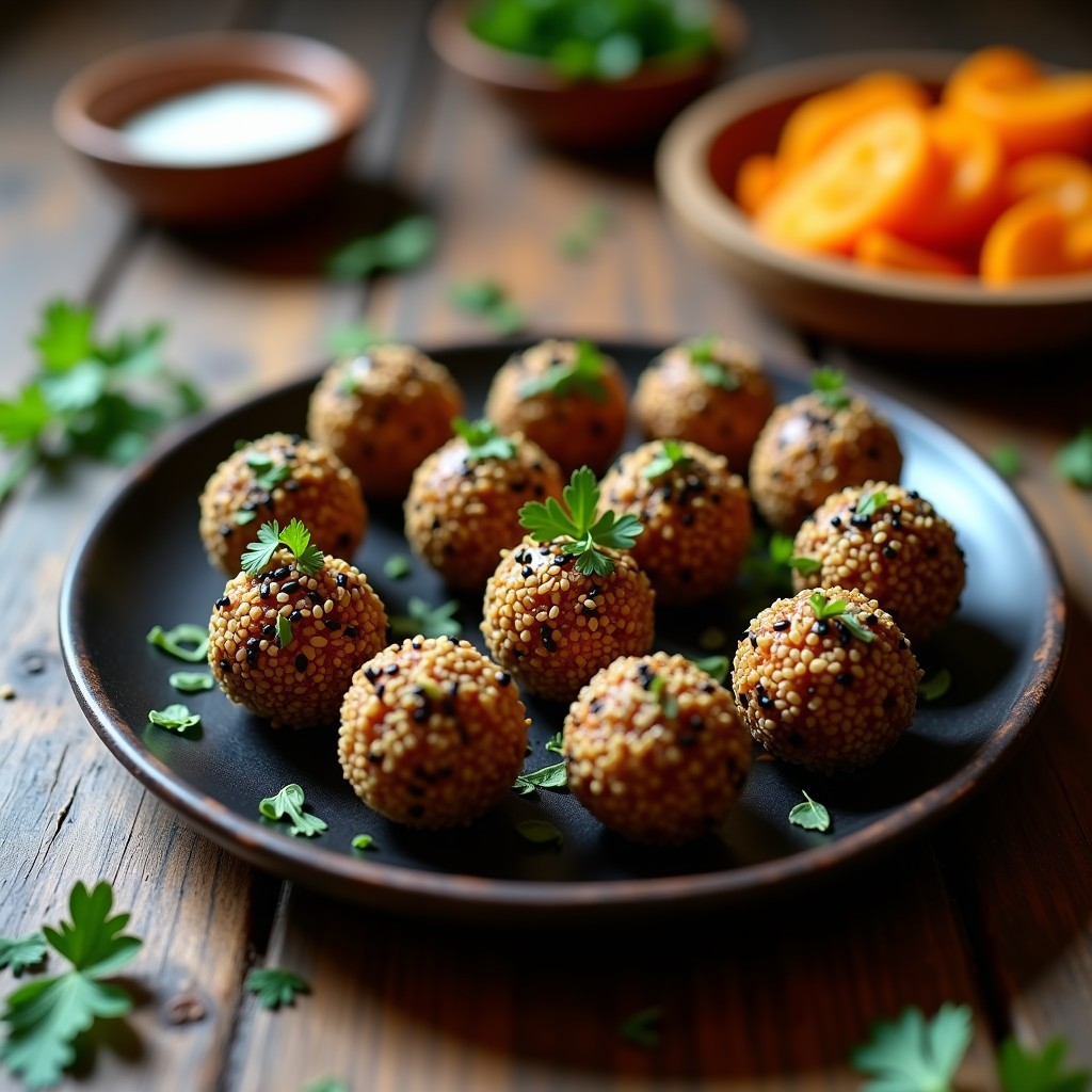 Bolitas de arroz salvaje y semillas de calabaza crudiveganas dispuestas en un plato de madera oscuro, con semillas de sésamo negro y calabaza tostada por encima, sobre un fondo rústico con hierbas frescas.