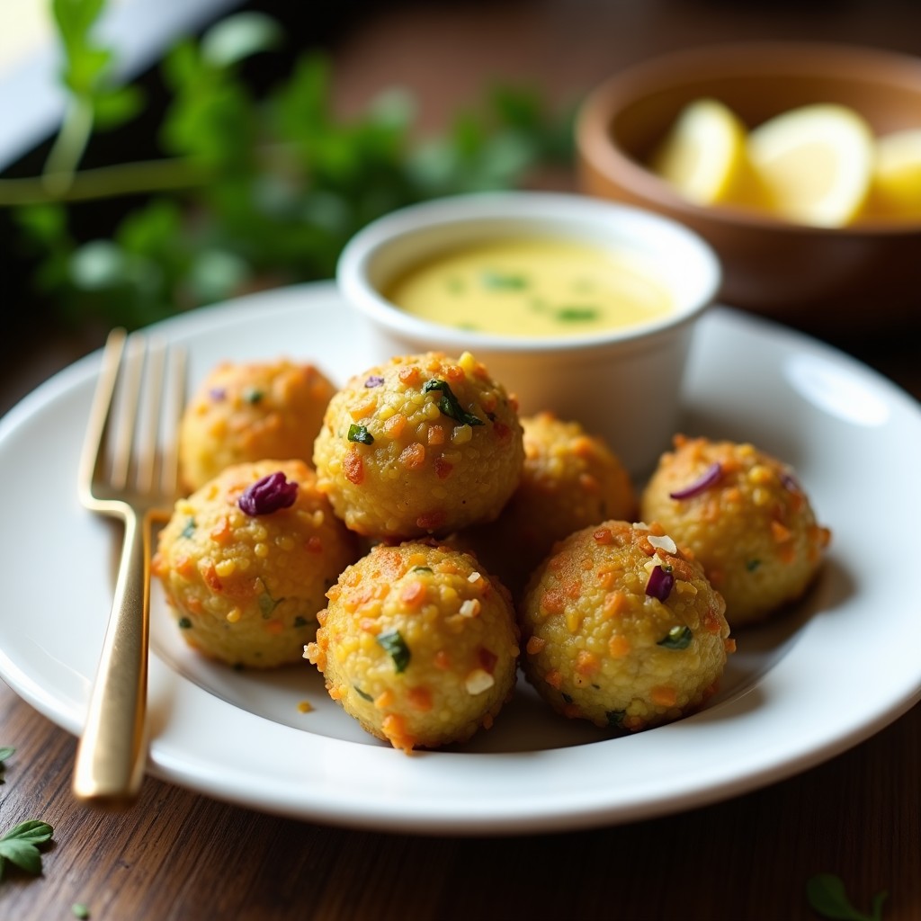Bolitas doradas y crujientes de arroz silvestre y alcachofas servidas en un plato blanco con salsa de limón y ajo en un cuenco pequeño, aperitivo sin gluten en airfryer.