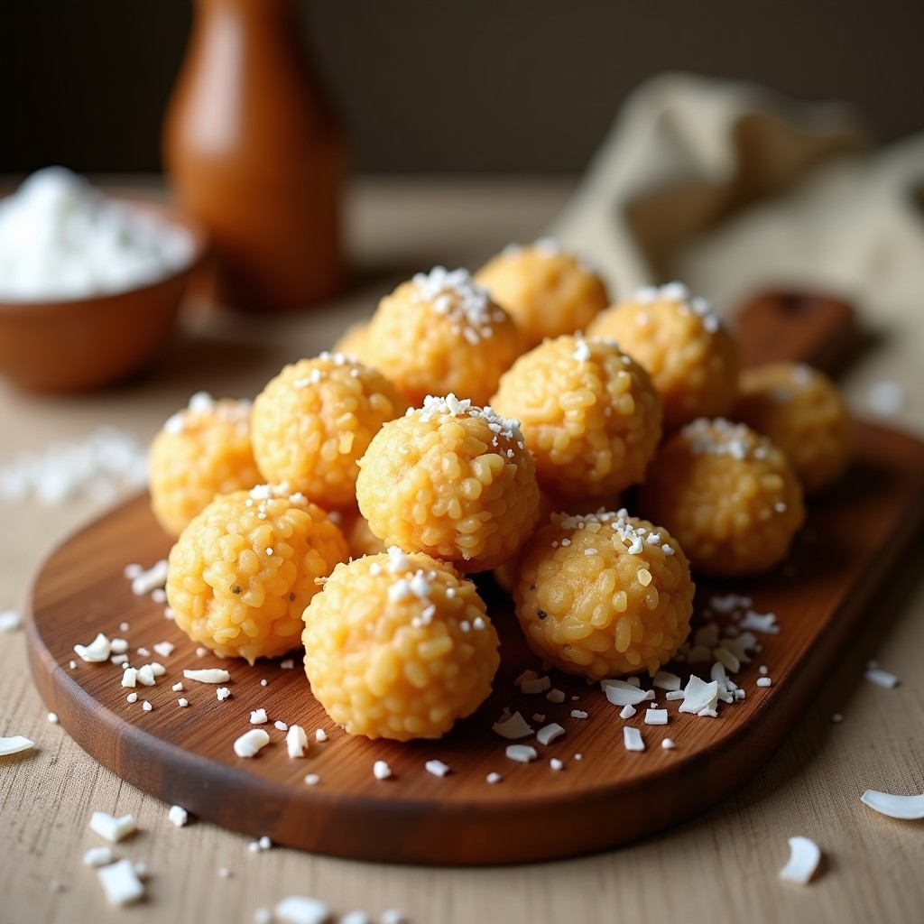 Bolitas doradas de arroz inflado con tahini y miel, cubiertas de coco rallado, dispuestas en una bandeja de madera rústica con fondo borroso. Snack vegano sin horno crujiente y cremoso.