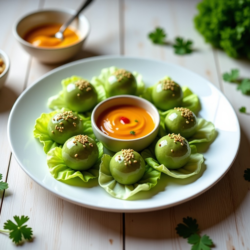Plato blanco con bolitas de atún y aguacate perfectamente redondas sobre hojas de lechuga romana, acompañadas de un cuenco con salsa de mango habanero de color naranja intenso. Decoración con semillas de sésamo tostadas y cilantro fresco. Receta de aperitivo alto en omega-3 sin cocción.