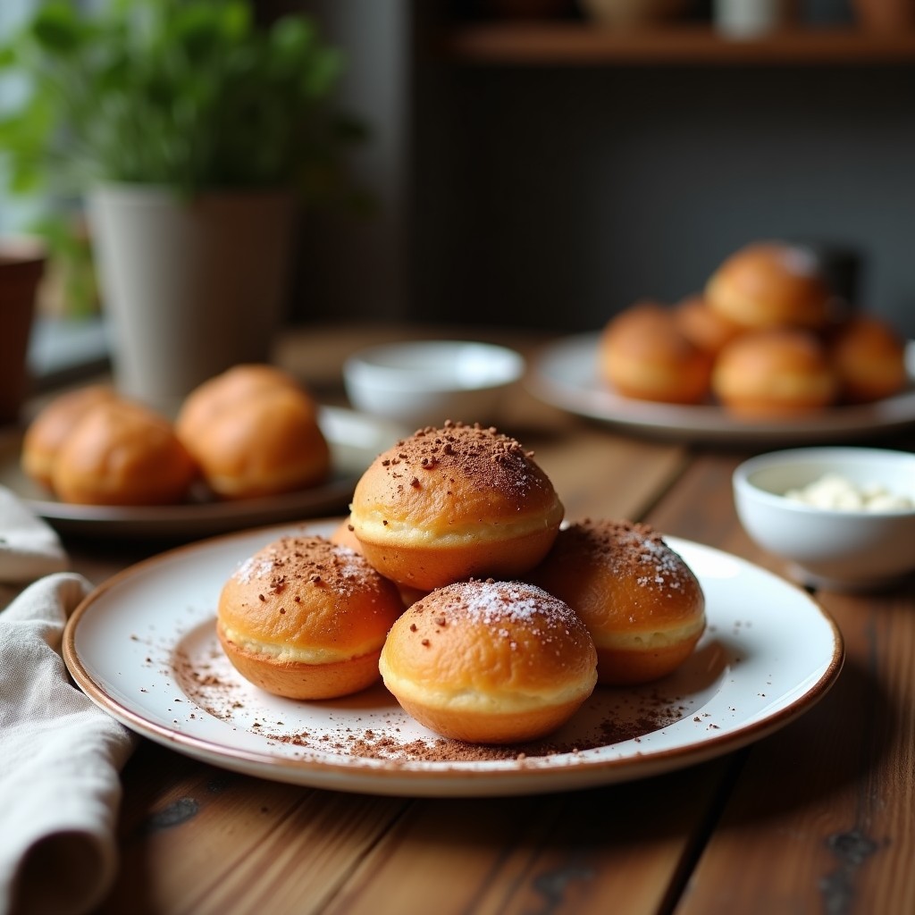 Bolitas de avena y cacao con relleno de crema de mandorla, postre sin azúcar y sin horno, decoradas con coco rallado y almendras fileteadas sobre un plato blanco rústico.