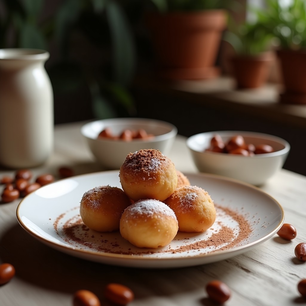 Bolitas de avena y cacao con mantequilla de almendras dispuestas en un plato blanco rústico, cubiertas de almendras fileteadas tostadas, con un fondo de copos de avena y cacao en polvo espolvoreado. Desayuno vegano sin azúcar.