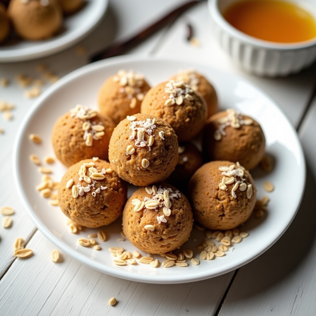Bolitas doradas de avena y semillas de lino con esencia de vainilla, cubiertas de coco rallado, dispuestas en un plato blanco sobre fondo de madera clara, desayuno saludable sin horno ni azúcar.