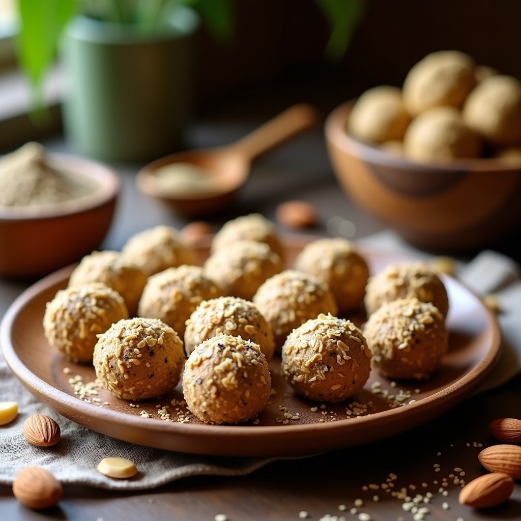 Bolitas de avena y polvo de maca peruanas, cubiertas de coco rallado, dispuestas en una fuente de madera con semillas de chía y almendras fileteadas alrededor. Snack energético sin horno.