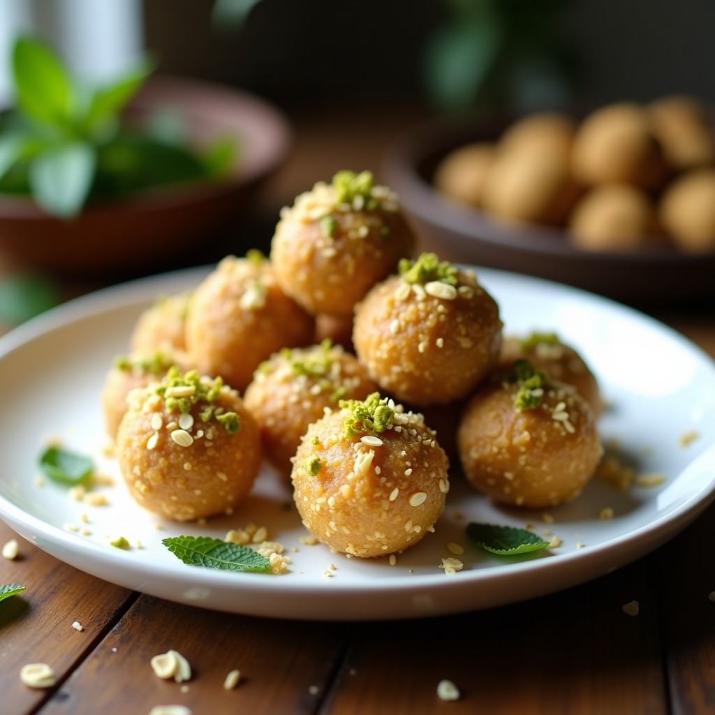 Bolitas doradas de avena y proteína con esencia de cardamomo, cubiertas de coco rallado y pistachos picados, servidas en un plato de cerámica blanca con hojas de menta fresca como decoración.