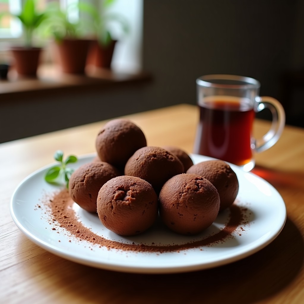 Bolitas de cacao y algarroba con núcleo de avellana, postre sin azúcar y sin horno, presentadas en un plato blanco con virutas de cacao espolvoreadas.