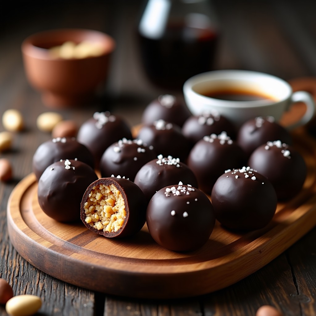 Bolitas redondas y brillantes de café y macadamia cubiertas de chocolate negro 100%, con detalles de sal marina en escamas, sobre fondo rústico de madera oscura. Postre keto bajo en carbohidratos.