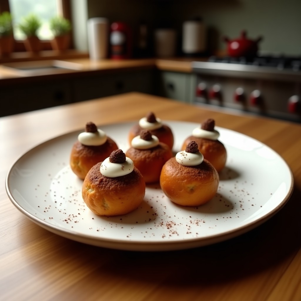 Bolitas de chía y cacao con relleno de crema de cacahuete sobre plato de madera oscuro, espolvoreadas con cacao nibs y decoradas con semillas de chía. Snack energético keto sin azúcar.