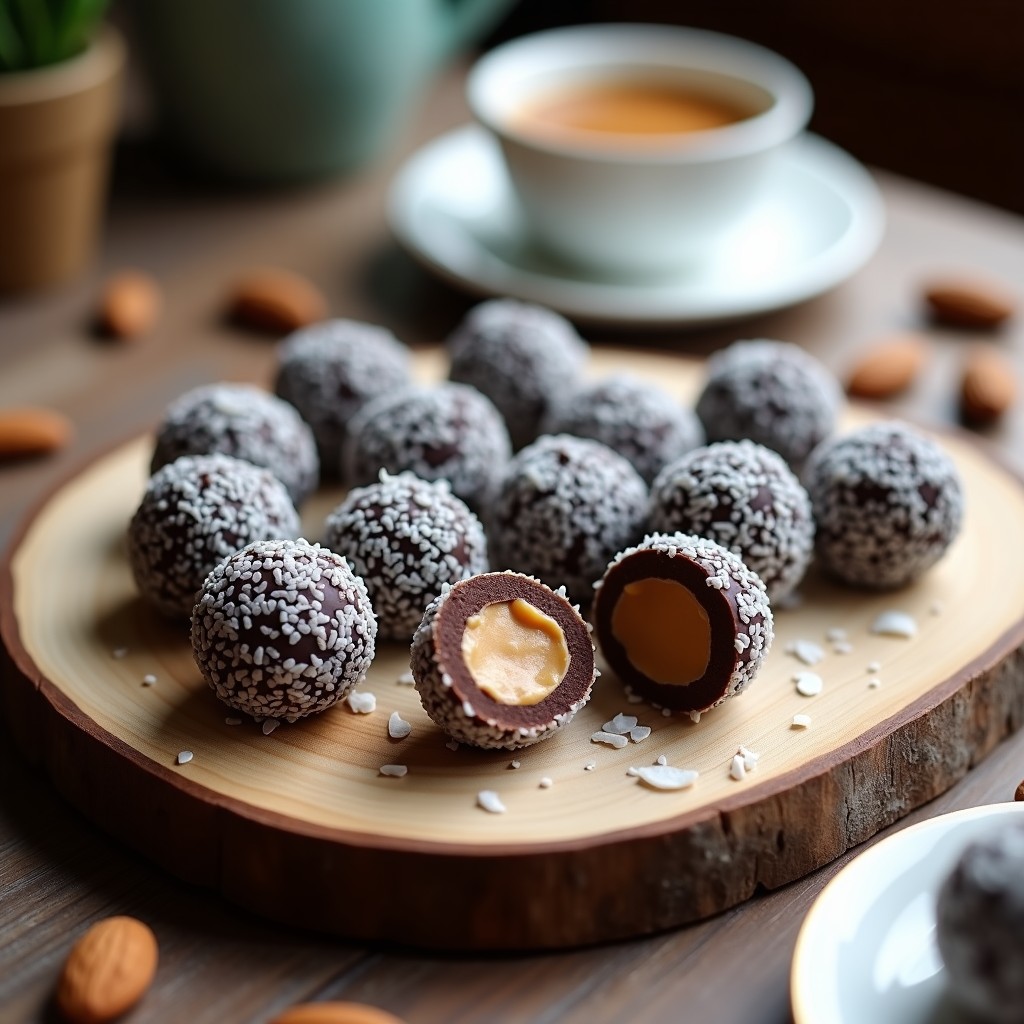 Bolitas redondas de color negro intenso cubiertas de coco rallado blanco, cortadas por la mitad para mostrar su relleno cremoso de mantequilla de almendras. Postre keto sin horno sobre fondo rústico de madera.