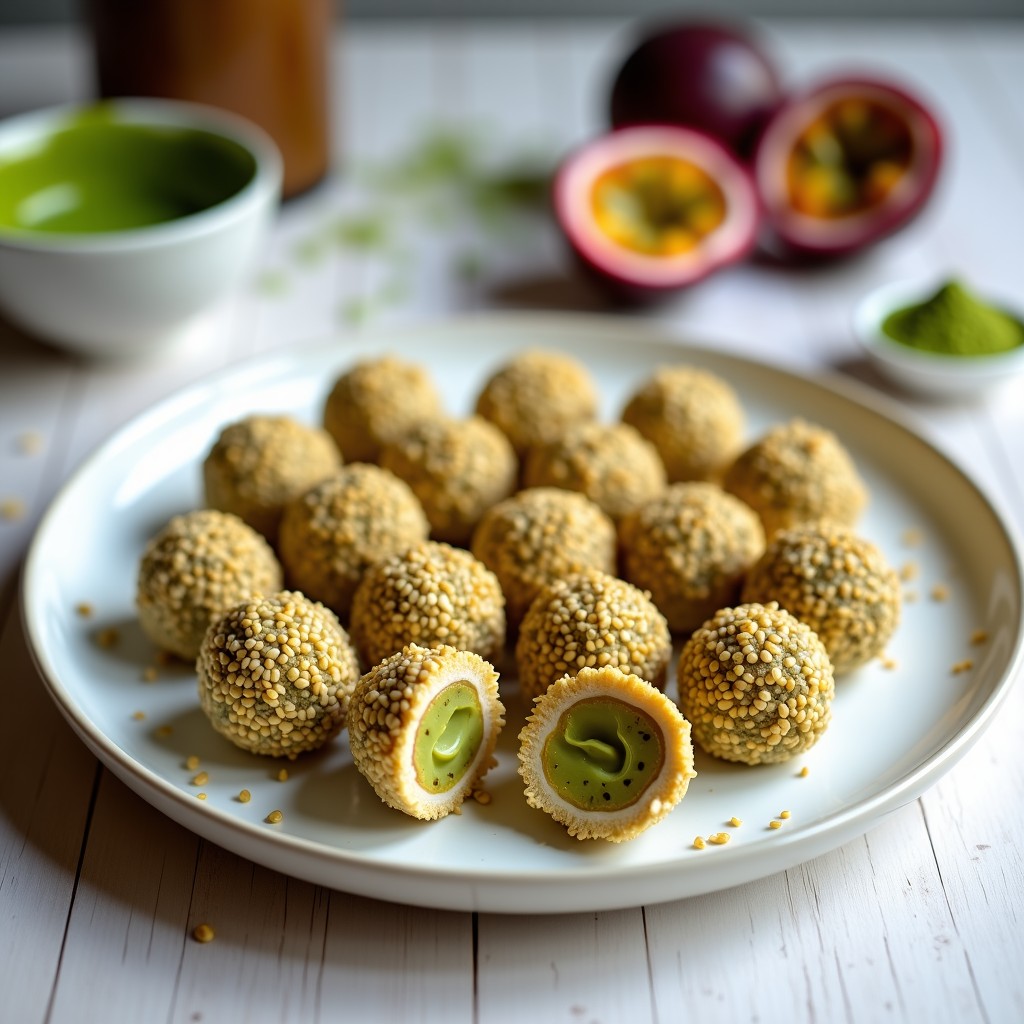 Bolitas de chía y matcha con relleno de maracuyá sobre una bandeja de madera, espolvoreadas con coco rallado y semillas de sésamo, postre superfood raw vegano.