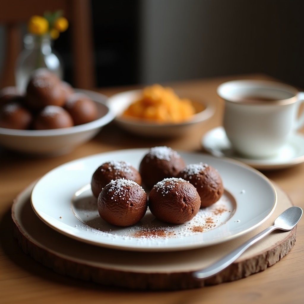 Bolitas de chocolate negro y quinoa inflada sobre papel de horno, con textura crujiente y brillo intenso, decoradas con semillas de lino. Snack energético sin horno y alta en fibra.