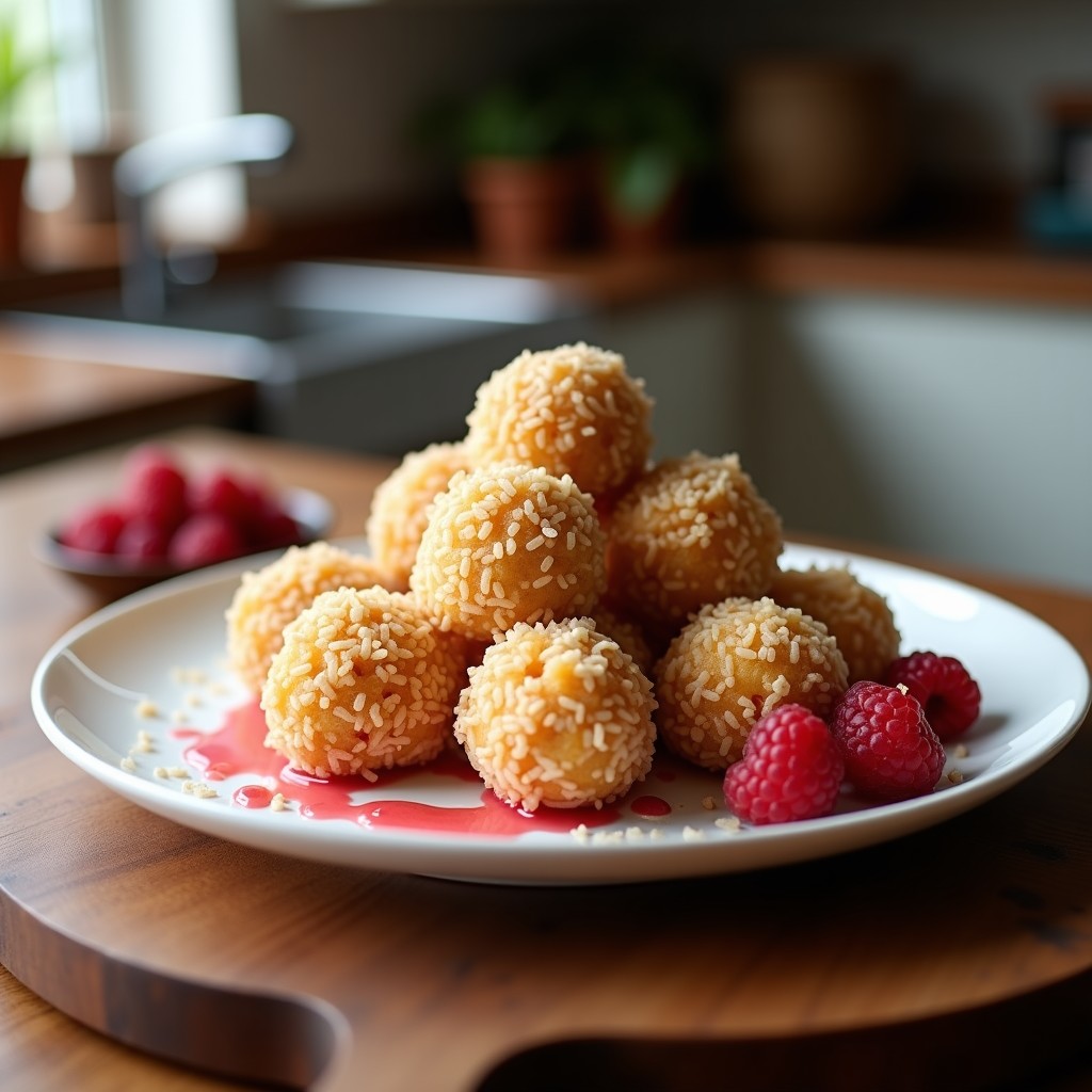 Bolitas de coco y almendra con mermelada de frambuesa en un plato blanco, postre keto sin horno, textura crujiente y centro jugoso de frambuesa.
