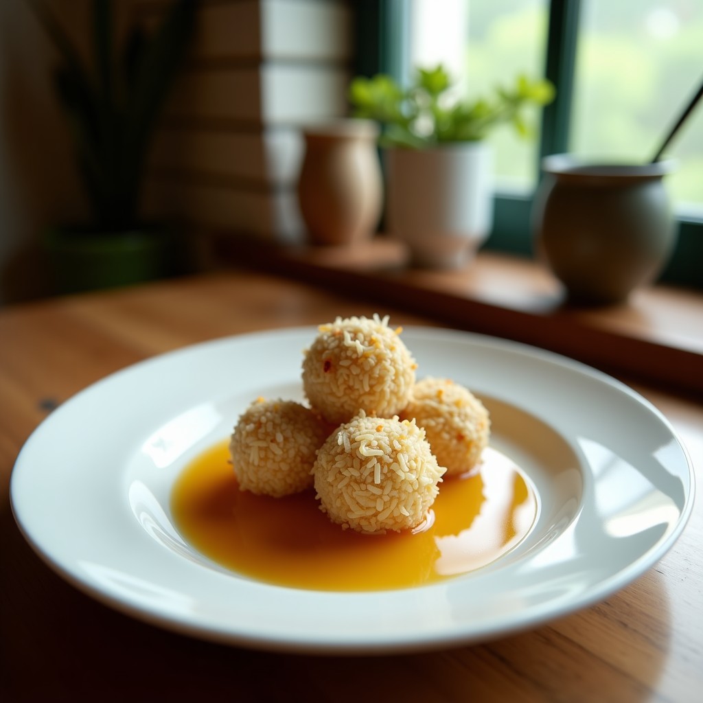 Plato blanco con bolitas de coco y macadamia con esencia de pandan, decoradas con coco rallado fino y hojas de pandan frescas, postre tailandés vegano sin horno sobre fondo de madera rústica.