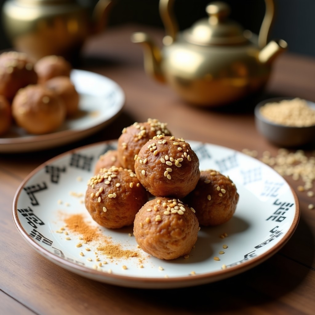 Bolitas de dátil y almendra con especias marroquíes, snack sin azúcar y crujiente, recubiertas de coco y sésamo, servidas en plato rústico de cerámica con fondo oscuro.
