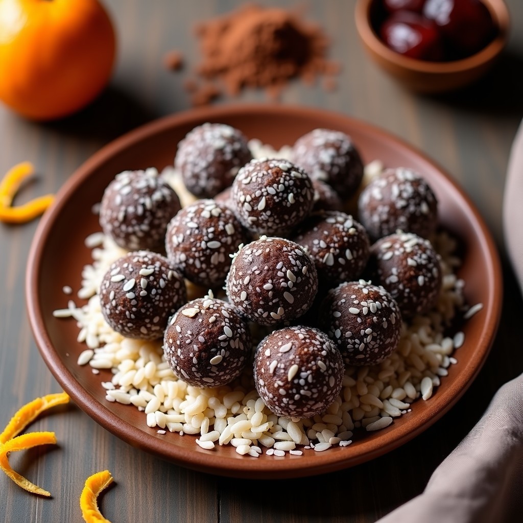 Bolitas redondas de color marrón oscuro con toques de coco rallado y semillas de sésamo, dispuestas sobre un plato de madera con rodajas de naranja fresca de fondo. Snack energético vegano sin azúcar.