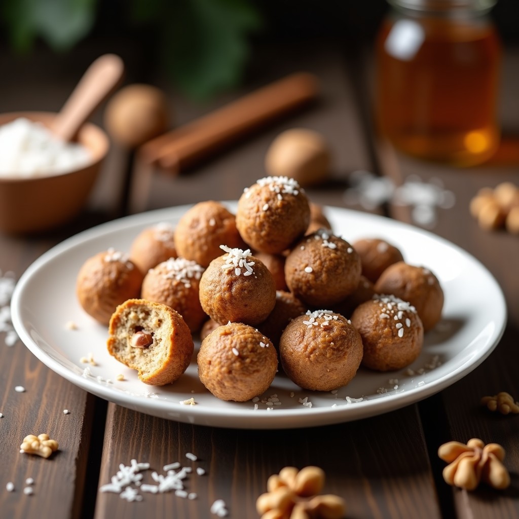 Bolitas de dátil y nueces con canela dispuestas en un plato de cerámica blanca, espolvoreadas con coco rallado y con un fondo rústico de madera. Receta de energía natural sin horno en 10 minutos.