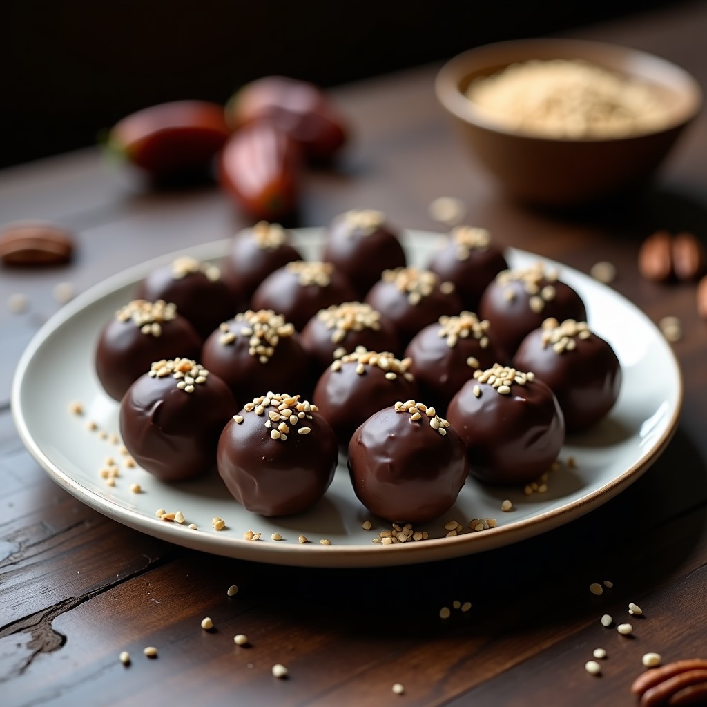 Bolitas de dátil y nueces con cobertura de chocolate 90%, snack energético sin azúcar, sobre fondo rústico de madera con semillas de sésamo espolvoreadas.