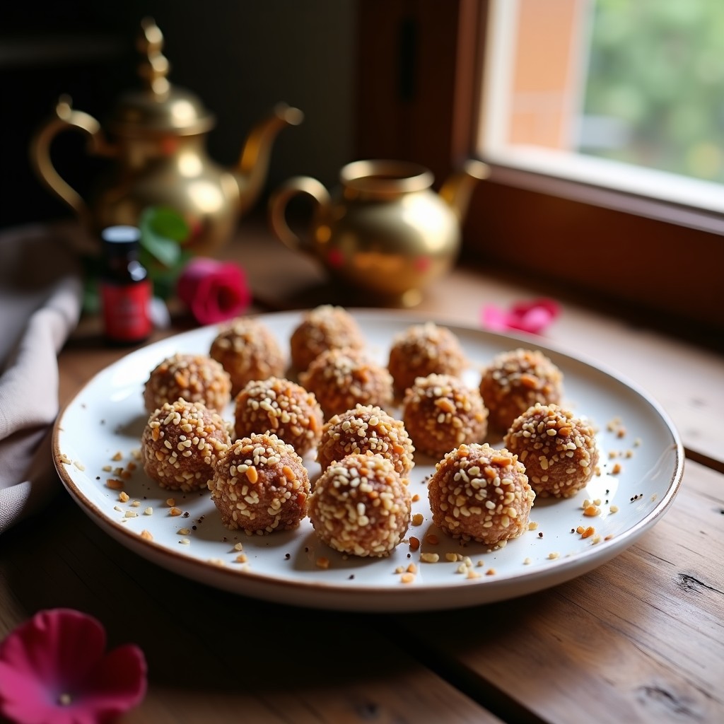 Bolitas de dátil y nuez con esencia de rosa, postre árabe sin horno, cubiertas de coco rallado y semillas de sésamo, servidas en un plato de porcelana blanca con pétalos de rosa comestibles y fondo de tela árabe.