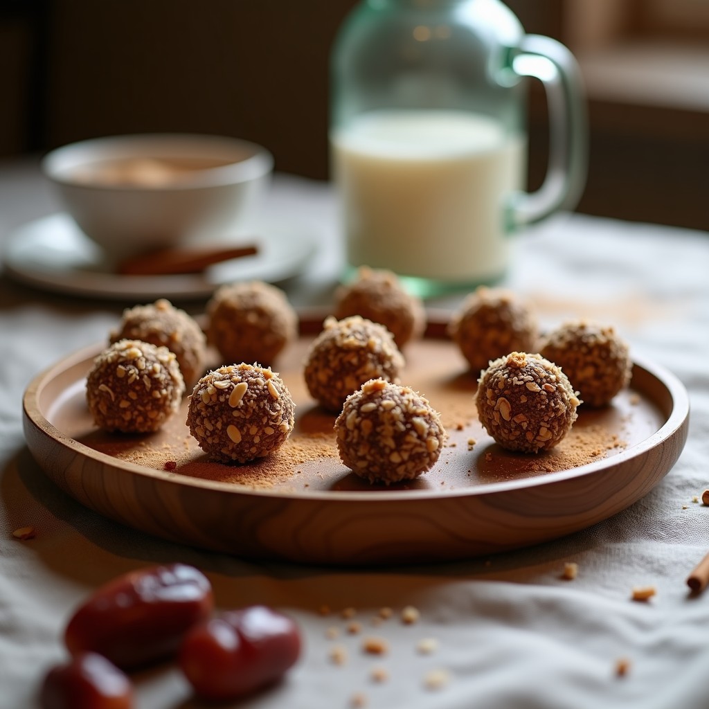 Bolitas de dátil y nuez de pecana sin azúcar, cubiertas de coco rallado y trocitos de pecana, dispuestas en una bandeja de madera con un toque de canela espolvoreada. Postre saludable y keto.