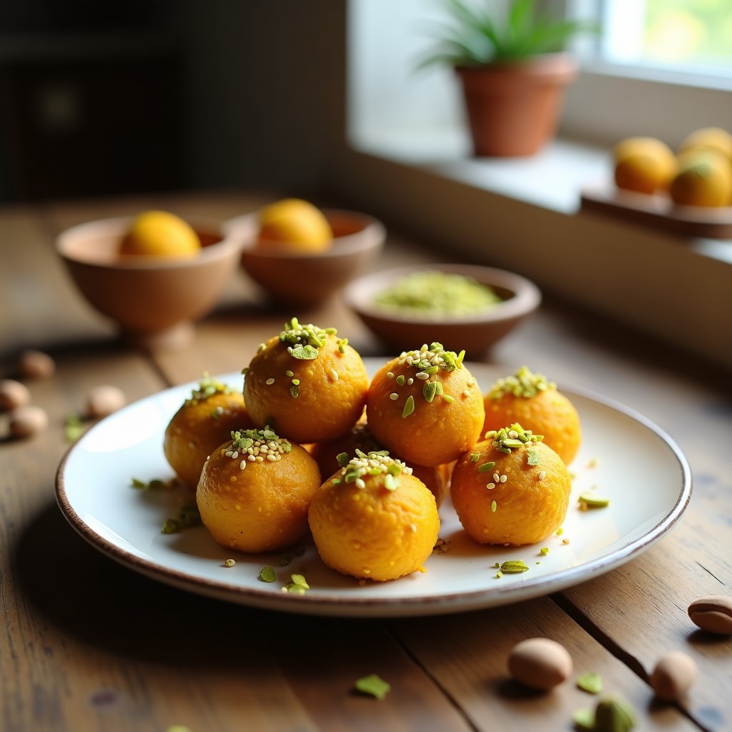 Bolitas doradas de dátil y pistacho con cúrcuma, rebozadas en semillas de sésamo y pistacho picado, dispuestas en un plato blanco sobre fondo rústico de madera, snack energético sin horno.