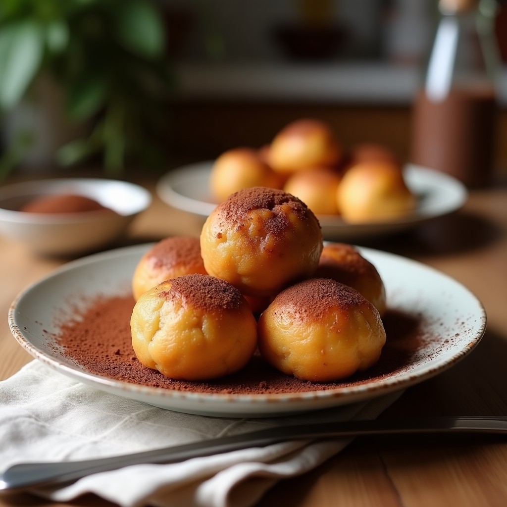 Bolitas de dátiles rellenas de almendra y cubiertas de cacao puro y coco rallado, dispuestas en una fuente de madera con fondo oscuro, receta sin horno y vegana.