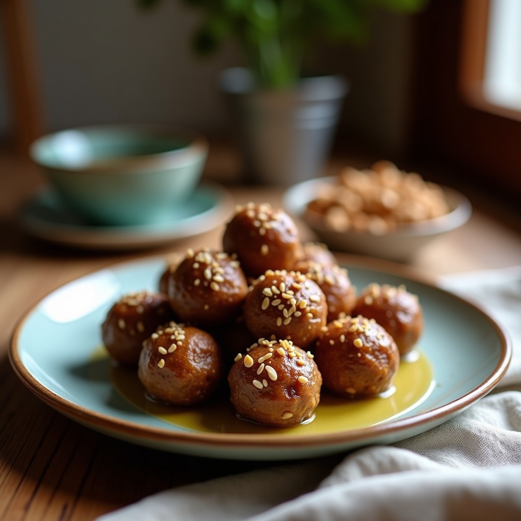 Bolitas de dátiles, almendras y aceite de oliva dispuestas en un plato de cerámica blanca, con semillas de sésamo tostadas en la superficie, snack energético mediterráneo sin horno.