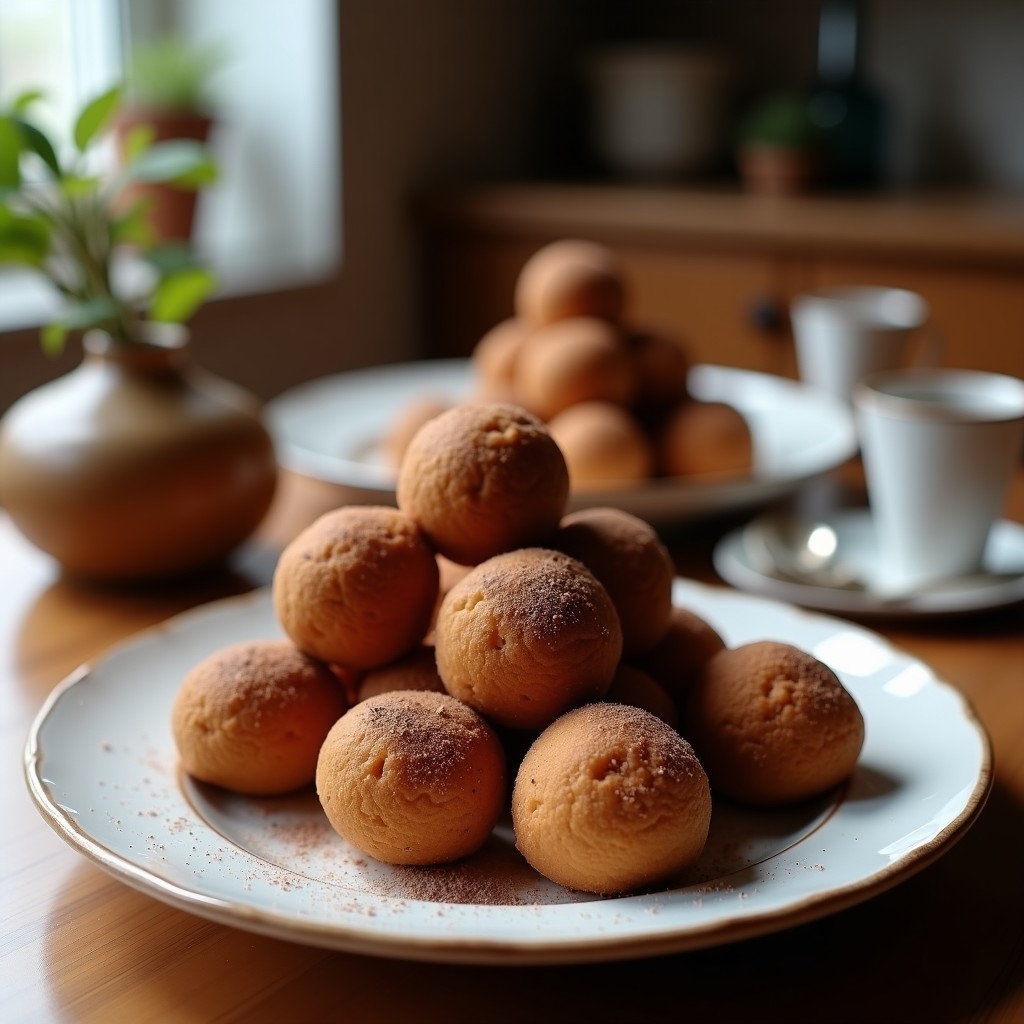 Bolitas de dátiles y almendras con cacao dispuestas en un plato blanco rústico, cubiertas de coco rallado y almendras picadas, con un fondo de cacao en polvo espolvoreado y hojas de menta fresca.