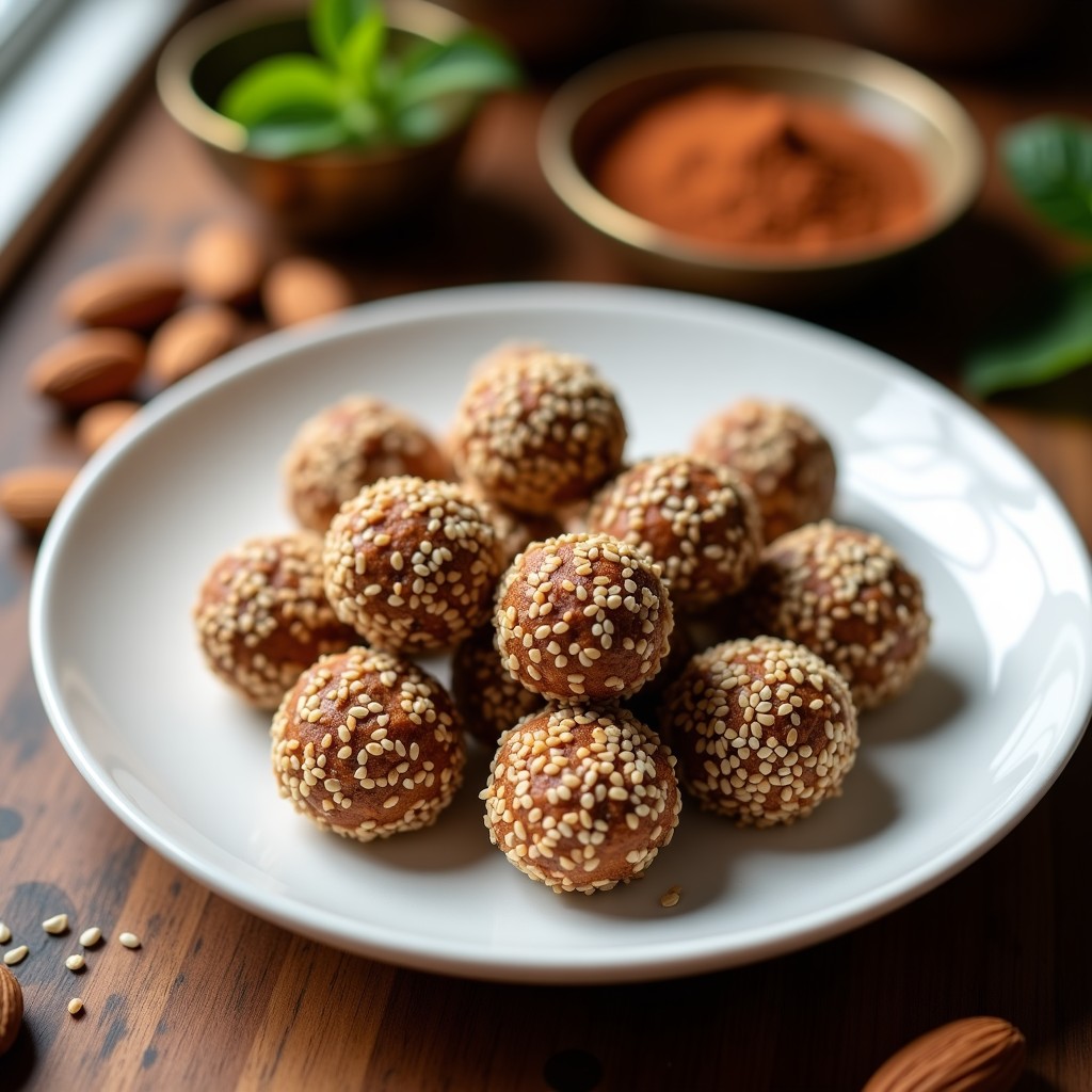 Bolitas doradas de dátiles y almendras cubiertas de coco rallado, con un toque de especias Ras el Hanout, dispuestas en una bandeja de madera rústica con hojas de menta fresca al lado.