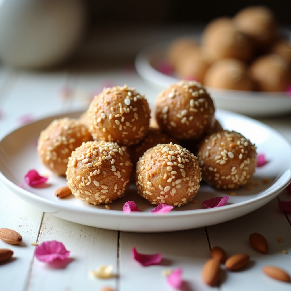 Bolitas redondas y doradas de dátiles y almendras con esencia de rosa, cubiertas de coco rallado y semillas de sésamo, servidas en un plato de porcelana blanca con detalles arabescos y hojas de menta fresca.