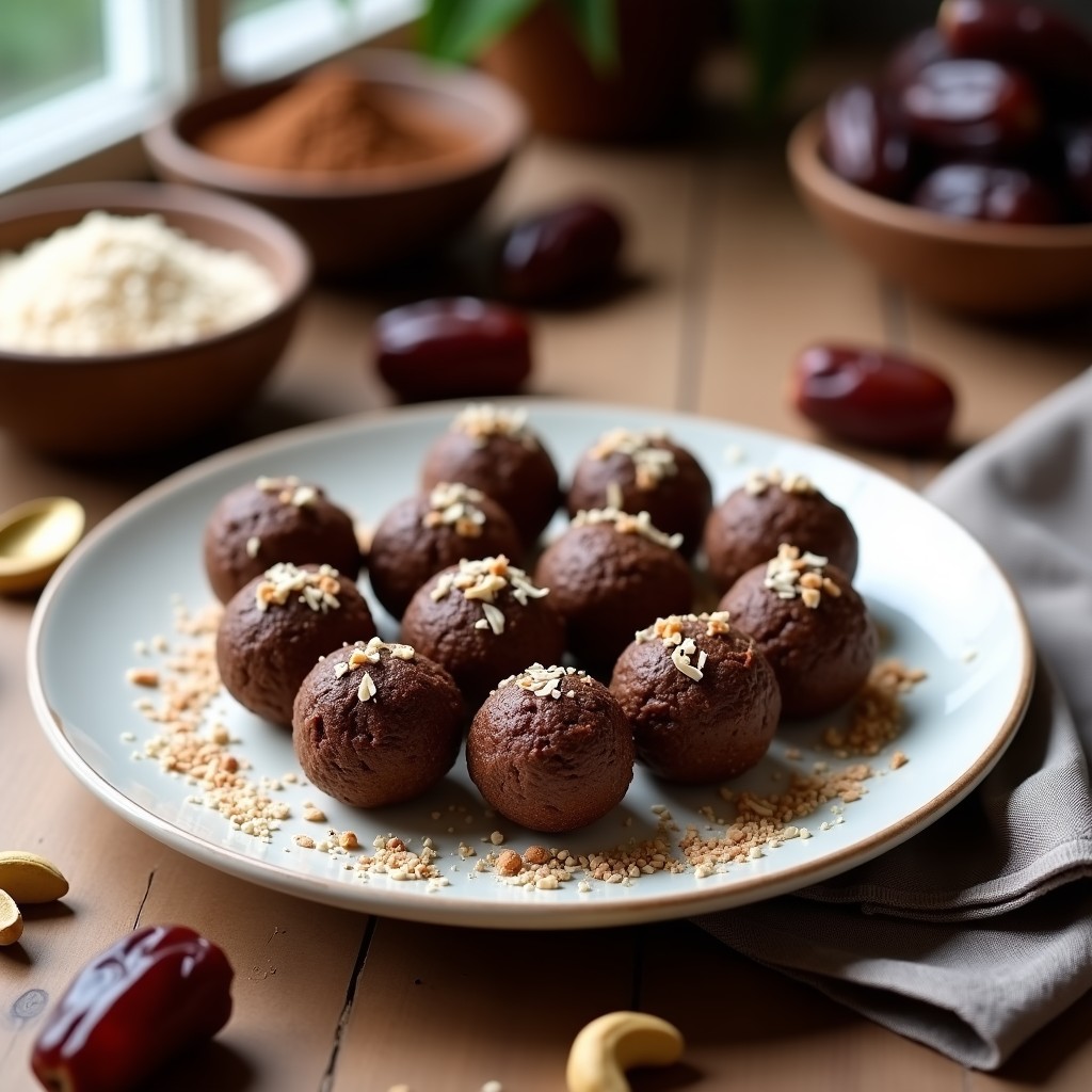 Bolitas energéticas keto y veganas de dátiles y nuevo de anacardos con cacao, servidas en un plato blanco con coco rallado y anacardos picados por encima, sobre fondo de madera rústica.