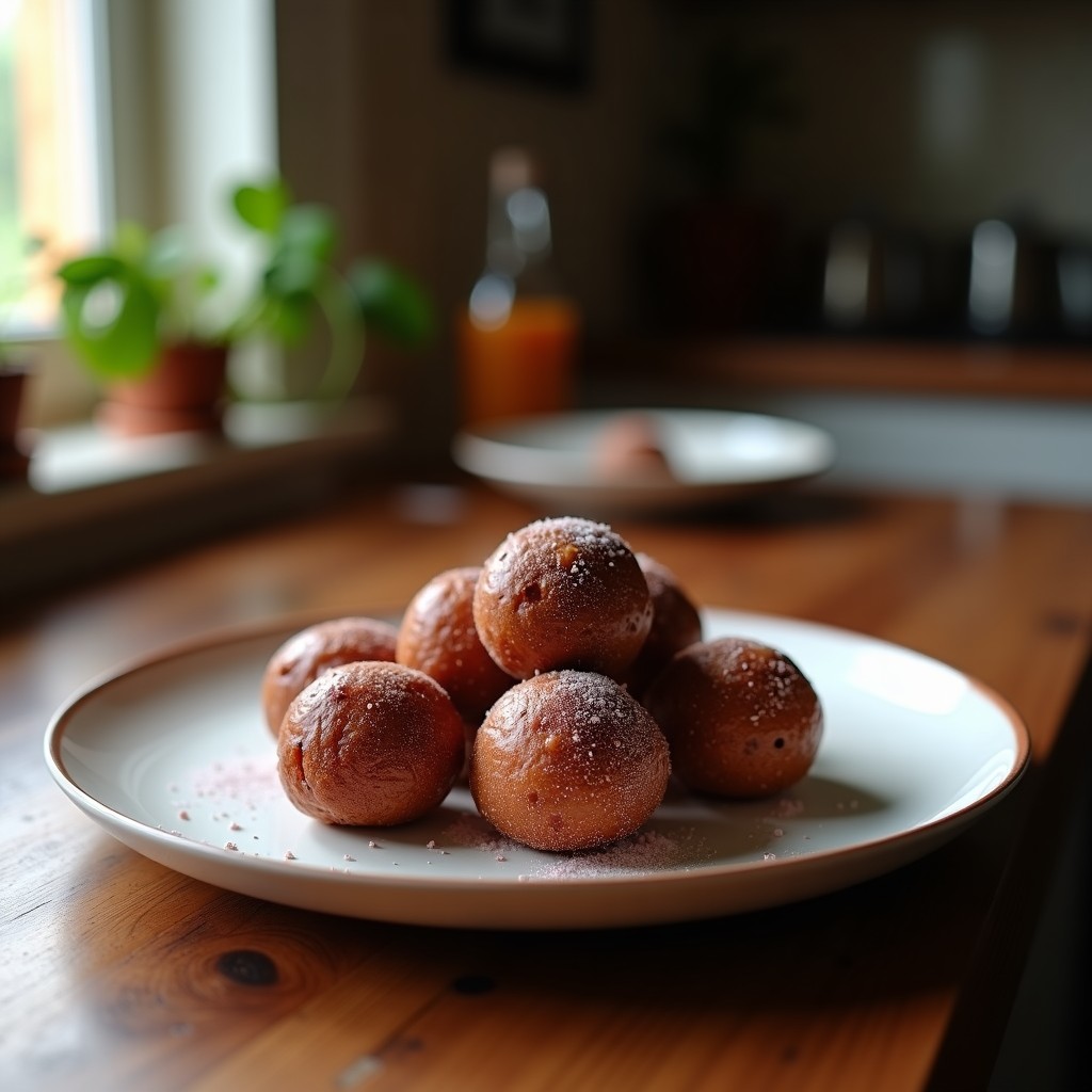 Bolitas de dátiles, cacao y pimienta rosa sobre un plato de cerámica negra, con detalles de coco rallado y semillas de sésamo negro, snack energético y afrodisíaco vegano.