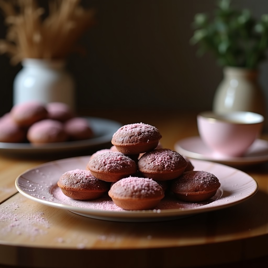 Bolitas de dátiles y cacao con esencia de rosa, postre vegano sin azúcar, decoradas con pétalos de rosa comestibles sobre una bandeja de madera rústica con fondo oscuro.