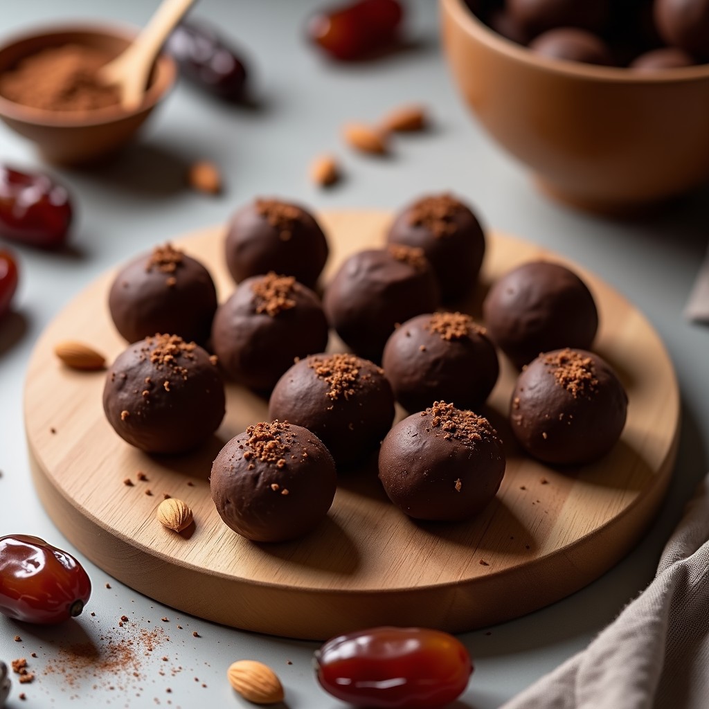 Bolitas redondas y brillantes de color marrón oscuro con cobertura de cacao, dispuestas en una bandeja de madera con virutas de almendra. Snack energético sin harina de dátiles y café.