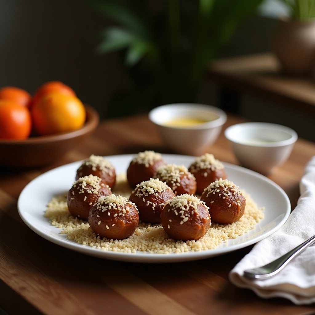 Bolitas de dátiles y coco con cardamomo dispuestas en un plato de cerámica blanca, con coco rallado espolvoreado y semillas de cardamomo como decoración, sobre un fondo rústico de madera.